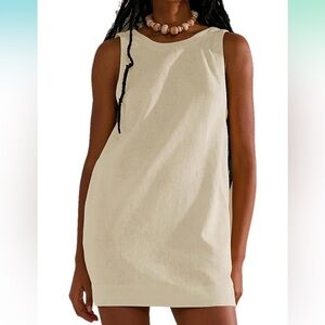 Beige Womens Crew Neck Sleeveless Open Back Cotton Linen Mini Dress